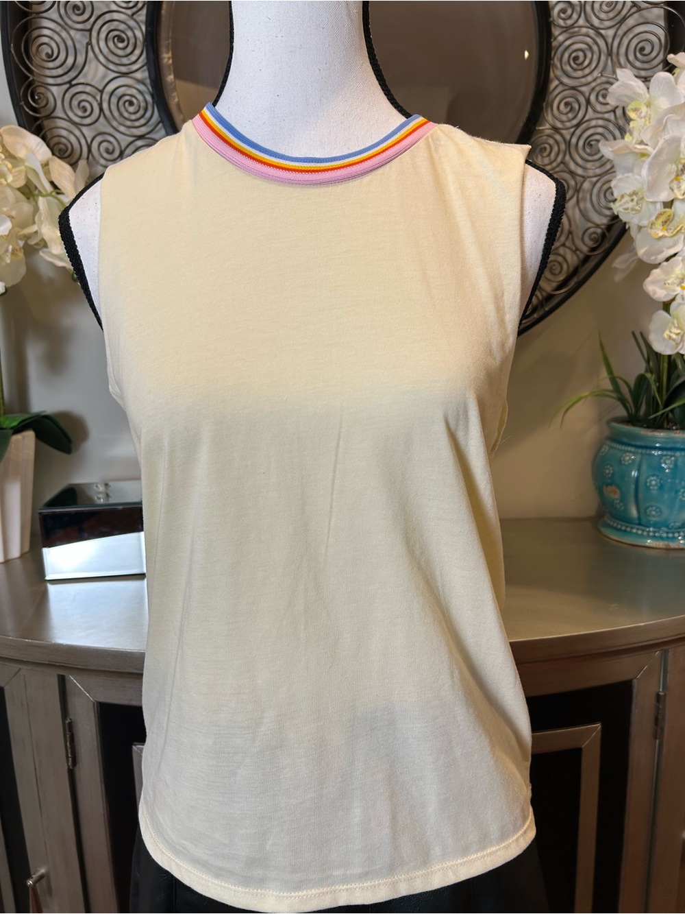 Camp Collection Cream Sleeveless Tank with Rainbow-Trim Neckline